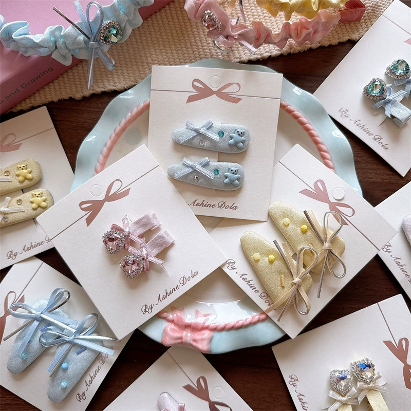 Early spring sweet color basic embroidery fabric BB clip girls cute love clip lady style hand knotted BB clip hoop