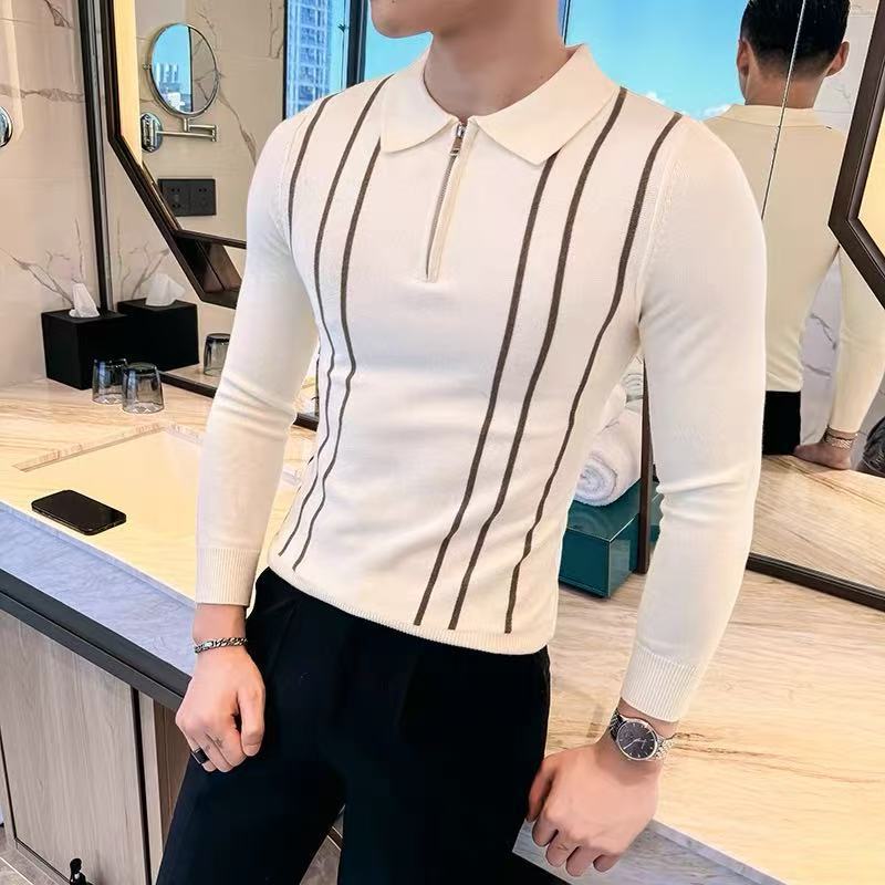 Schmal geschnittener Polo-Strickpullover für Herren mit halbem Reißverschluss und Streifenmuster – atmungsaktiv, dehnbar und maschinenwaschbar – Business-Casual-Pullover_voghion.com