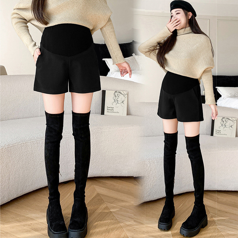 Versatile 2025 Autumn/Winter New Black Maternity Short Woolen A-Line Wide-Leg Suit Pants Leggings for Outerwear