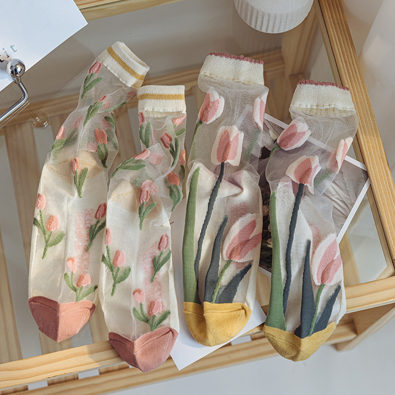 Socks Women's Summer Glass Silk Medium Tube Artistic Flower Trendy Personalized Chinese Style Thin Crystal Silk Stockings