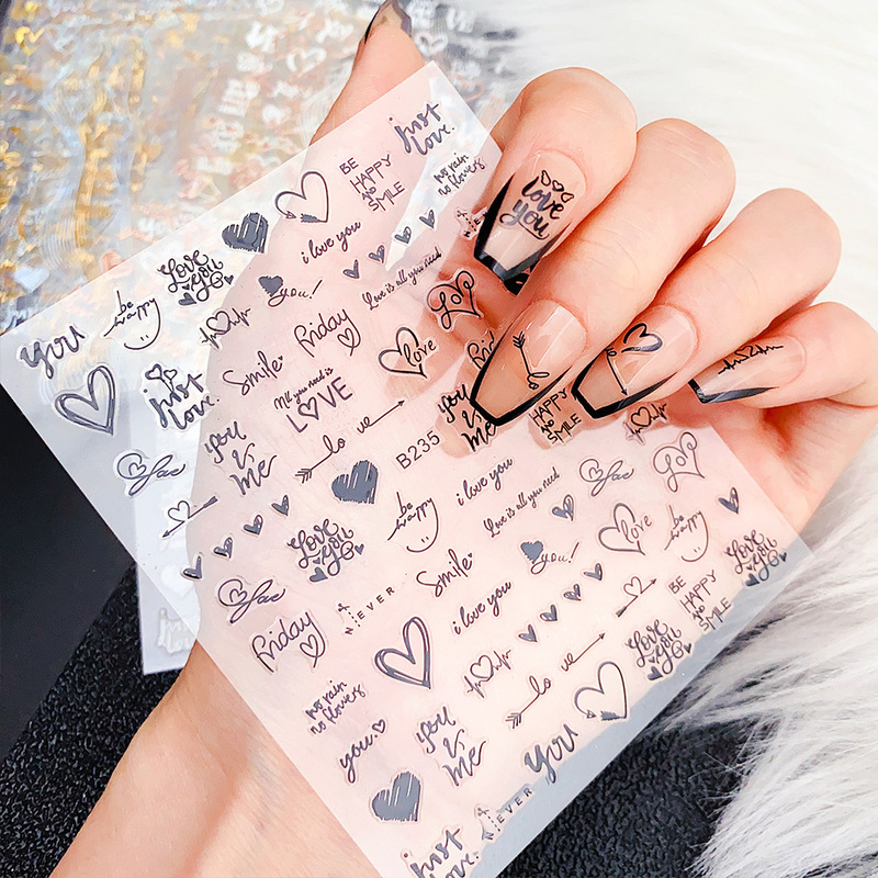 Foreign Trade Hot Sale Heart-Shaped LOVE Letter Nail Art Stickers INS Style Solid Color Line Adhesive Nail Decoration Stickers
