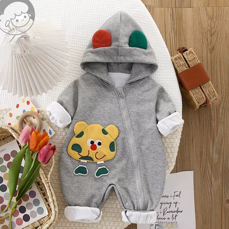 Primavera y otoño nuevo estilo de una pieza de doble capa bebé con capucha de dibujos animados con cremallera abierta oblicua mameluco para bebé