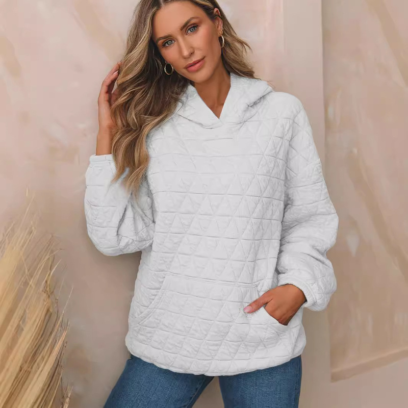 2026 Autumn New Solid Color Women's Hooded Sweatshirt Casual Style Pocket Quilted Long Sleeve Top 2026 Autumn New Solid Color Women's Hooded Sweatshirt Casual Style Pocket Quilted Long Sleeve Top
