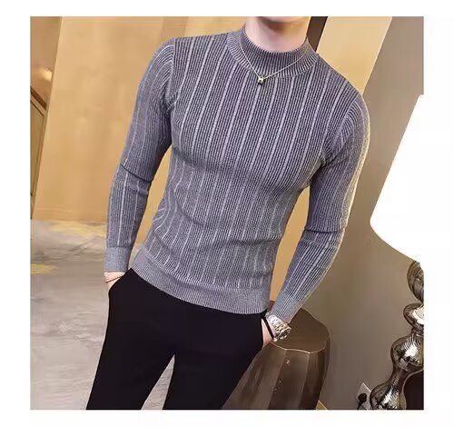 Men's British Style Slim Fit Turtleneck Sweater Korean Style Knitwear Casual Striped Base Layer Autumn New Versatile_viptrois.com