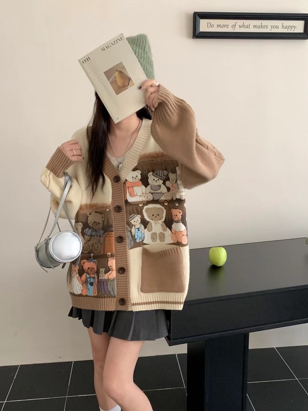 重工卡通小熊刺绣开衫毛衣女2025秋冬新款森系撞色复古针织衫外套|undefined