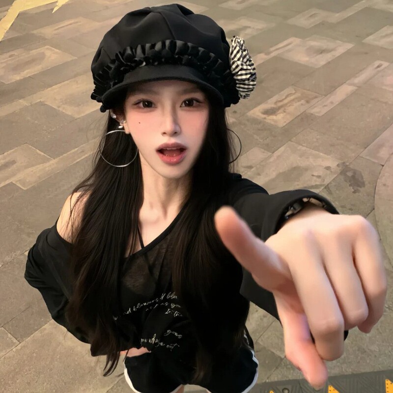 复古花朵黑色贝雷帽女日系大头围八角帽文艺显脸小报童画家帽子潮|undefined