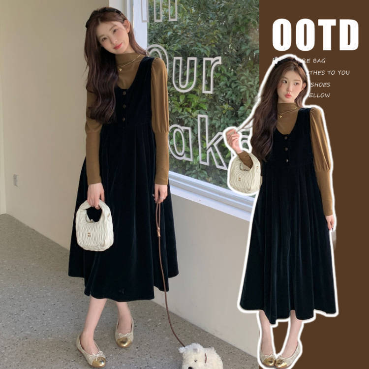 Real Shot Ready-Made French Top + Button Design Velvet Vest Dress Autumn and Winter Two-Piece Maternity Wear Real Shot Ready-Made French Top + Button Design Velvet Vest Dress Autumn and Winter Two-Piece Maternity Wear