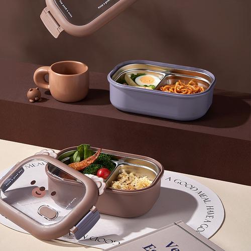 Creative bear stainless steel divided lunch box children's water-filled thermal insulation household rice bowl student office worker lunch box