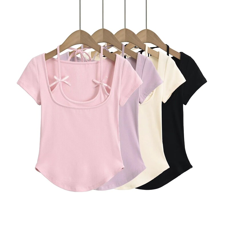 European and American style women's clothing summer ins new solid color hanging neck lace-up short sleeve bow top curved short T-shirt