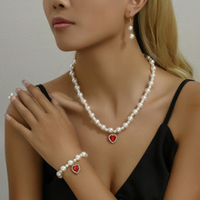 潮流简约几何爱心耳环手链项链套装女 创意小众珍珠首饰