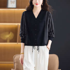 26年早秋新款竖条针织长袖单排扣V领开衫宽松百搭女开衫女士上衣