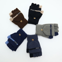 女手套冬季加绒加厚可爱半指翻盖针织毛线工作男骑行保暖防寒半截