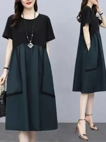 Plus-size color-blocking patchwork maxi dress for women 2025 summer, medium-long length, stylish loose fit, flattering, hides belly