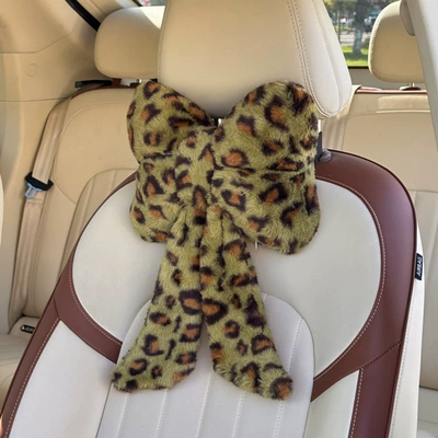 2026 New Car Accessories Rabbit Fur Leopard Print Ribbon Headrest and Lumbar Support Green Headrest and Lumbar Support (Waist support) - green-1-headrest