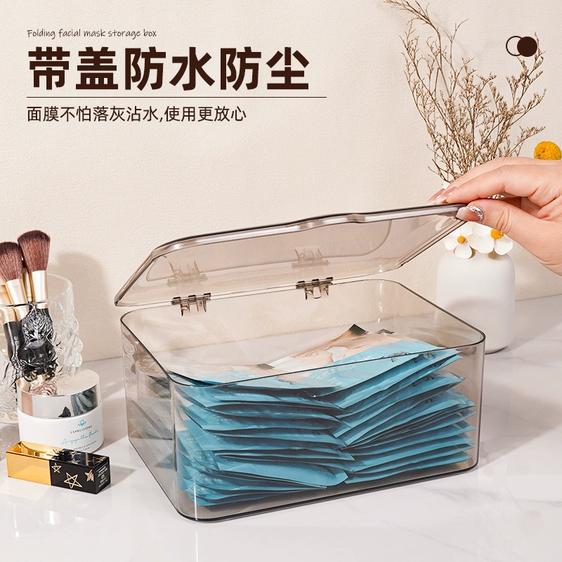 Acrylic Face Mask Storage Box, Transparent/Gray, Small & Large — Foldable Lid, Compact Organizer