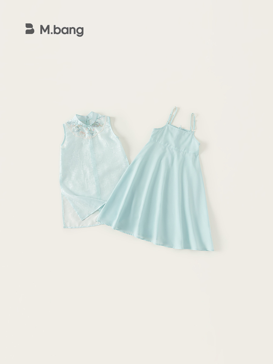 Youbao ropa para niños traje de niña verano bordado estilo nacional cuello alto vestido cheongsam vestido de tirantes de color sólido traje de dos piezas