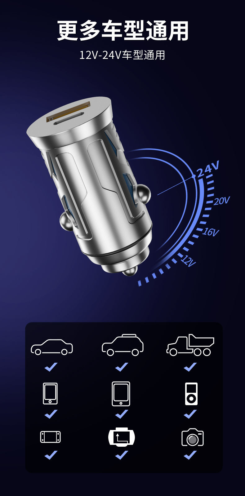 Aluminum alloy car charger 120W super fast charge PD fast charge double mouth one drag two with atmosphere light car charger