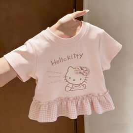 女童立体HelloKitty粉色荷叶边格子T恤夏季薄款儿童中小童可爱潮