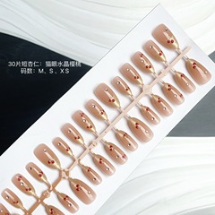30片手戴甲名媛氣質貓眼水晶櫻桃工藝杏仁型貓眼美甲片穿戴甲