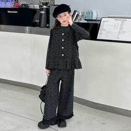 女童套装秋季2025新款中大童时尚洋气韩系波点马甲打底裤子套装