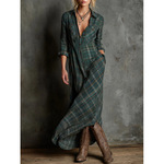 2025跨境欧美女装气质优雅长袖格子衬衫裙时尚格纹衬衫领连衣裙