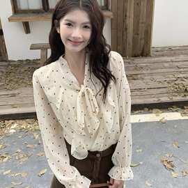 气质荷叶边波点长袖衬衣女春夏季新款温柔蝴蝶结绑带别致衬衫上衣