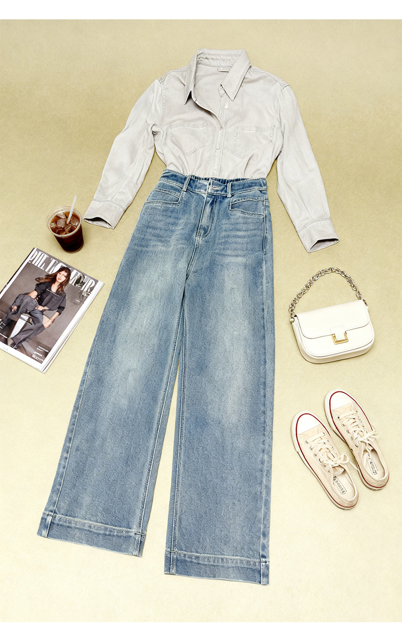 Quần jean nữ ống rộng cạp cao 9 phân, dáng suông slim fit, chất vải chống thấm — màu xanh nhạt chi tiết 11
