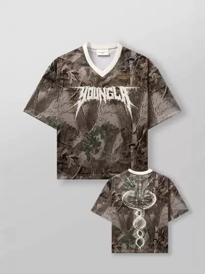 YOUNGLA American Street Style Oversized Men's T-Shirt, Athletic Mesh Quick-Dry Breathable Digital Print Short Sleeve