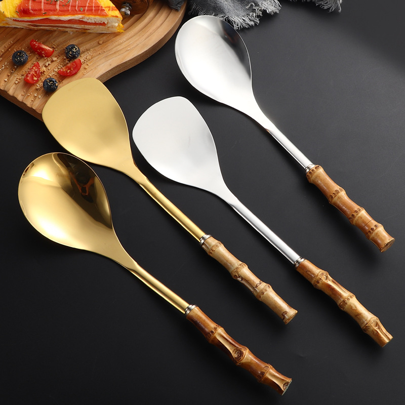 Utensilios de cocina de acero inoxidable con mango de bambú natural transfronterizo para uso doméstico, arroz, hotel, restaurante, olla, espátula para saltear_voghion.com