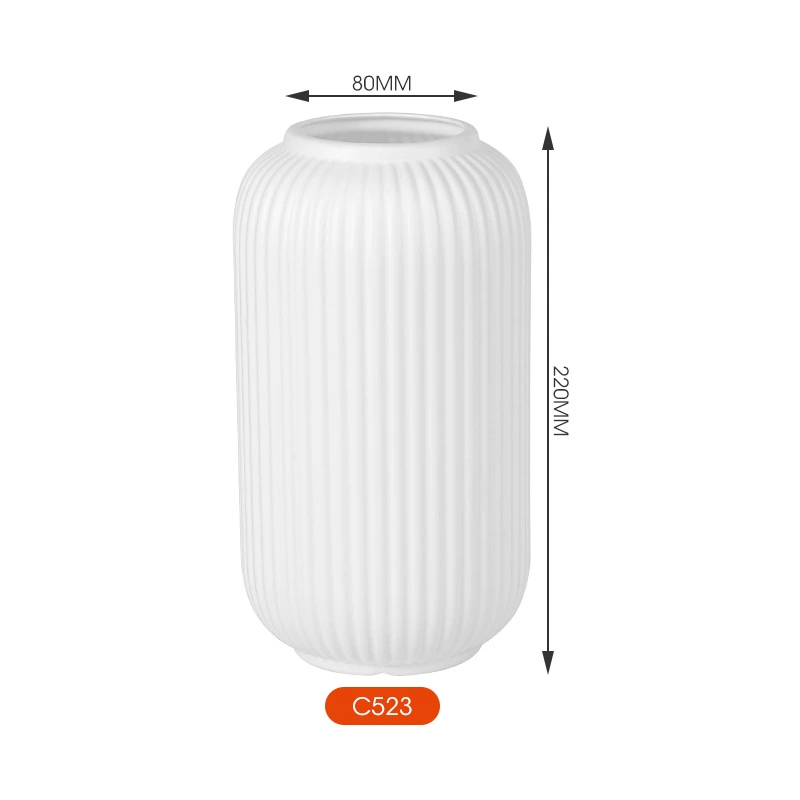 Lantern-style Plastic Vase, Imitation Ceramic White with Vertical Pattern — Hydroponic Flower Vase