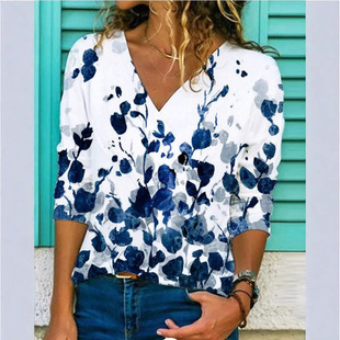 in stock 2022 spring AliExpress Europe and America. Sell New Women Floral Print Long Sleeve Top Casual V-Neck T-Shirt