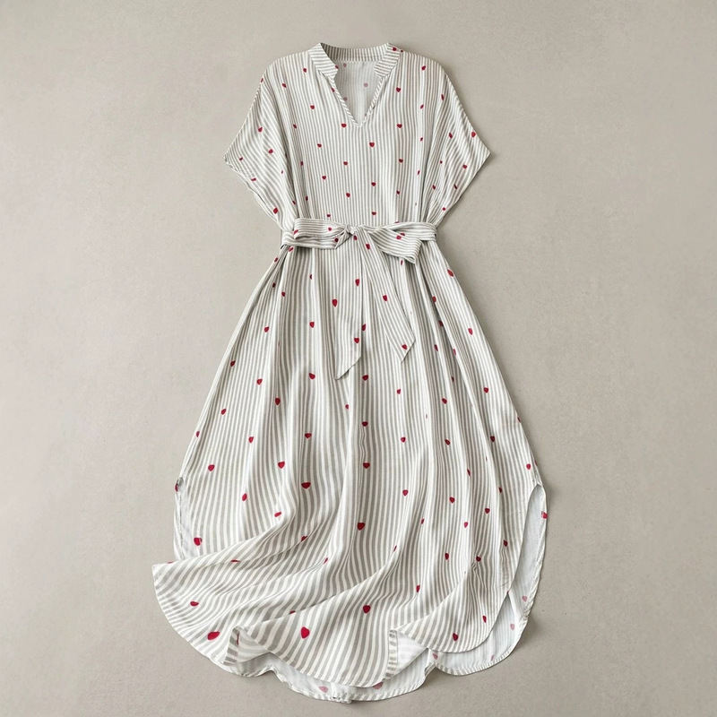 European and American Cross-Border Women's Clothing, Heart Stripe Print Shirt Dress, Small Stand Collar, Half-Open Front, Tie Waist, Loose Casual Style