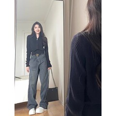 黑色针织开衫女秋季拉链修身内搭长袖打底衫上衣短款立领毛衣外套