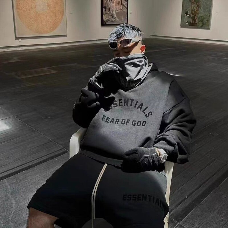 Essentials New European and American Multi-Line High Street Loose Casual Cool Black Series Men's and Women's Velvet Hoodies and Sweatshirts