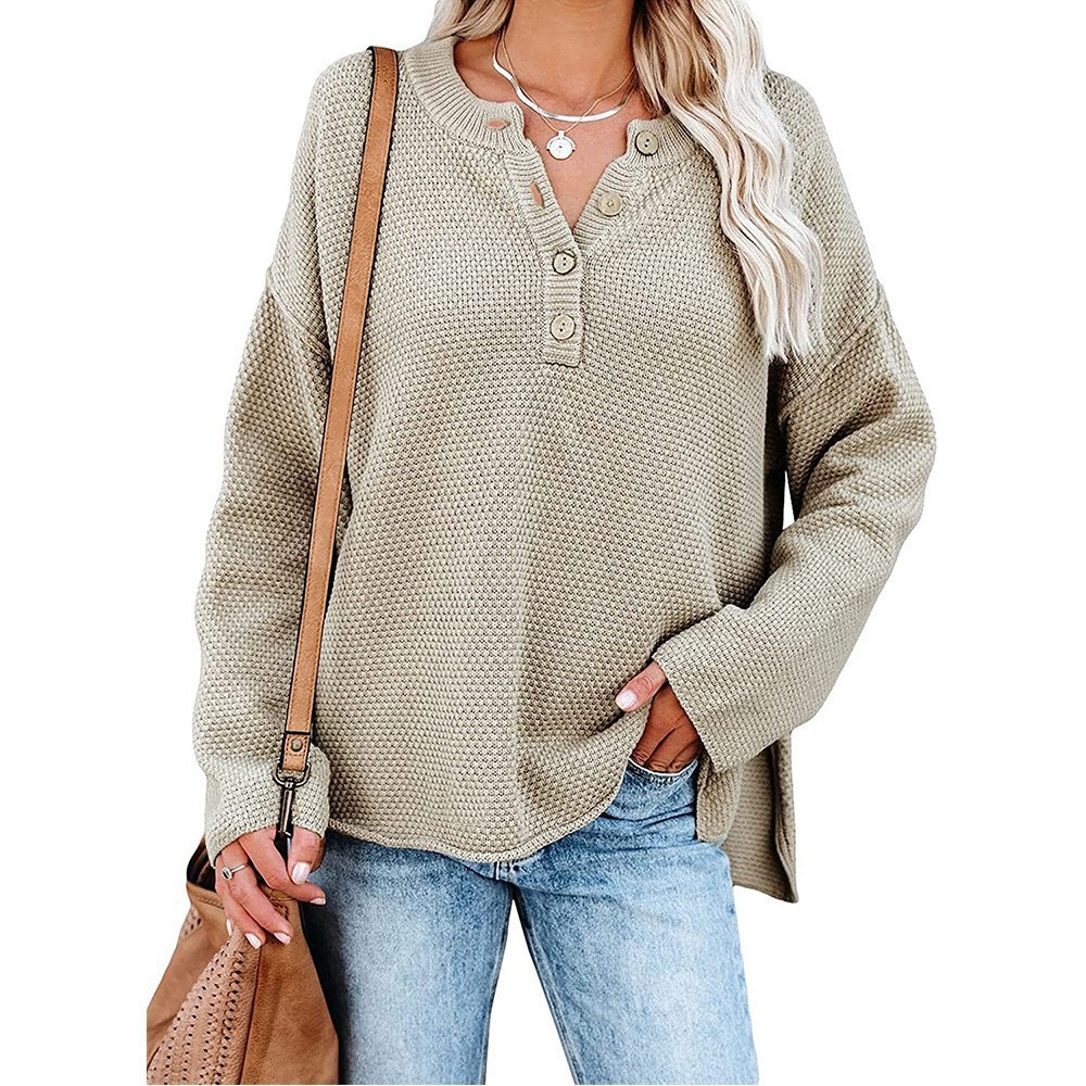 2025年欧美秋冬女装半开衫针织衫扣子开襟休闲宽松纯色上衣长袖