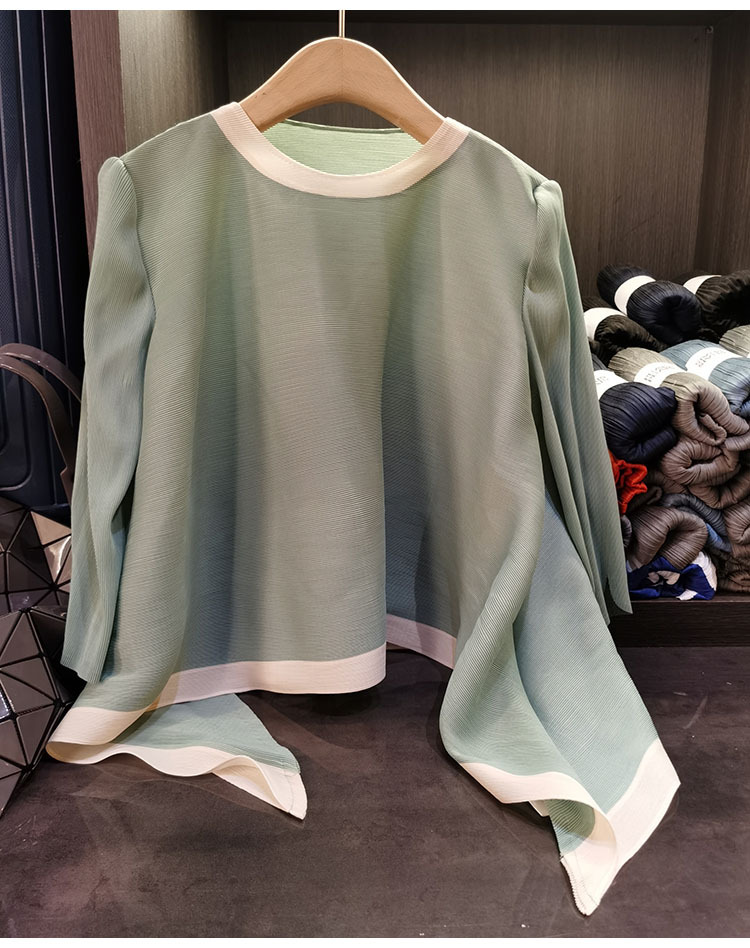 Áo thun nữ cổ tròn tay lỡ phối màu tương phản, dáng rộng xếp ly bất đối xứng — Màu xanh, Màu tím hồng, Màu đỏ hoa hồng, Màu hồng chi tiết 31