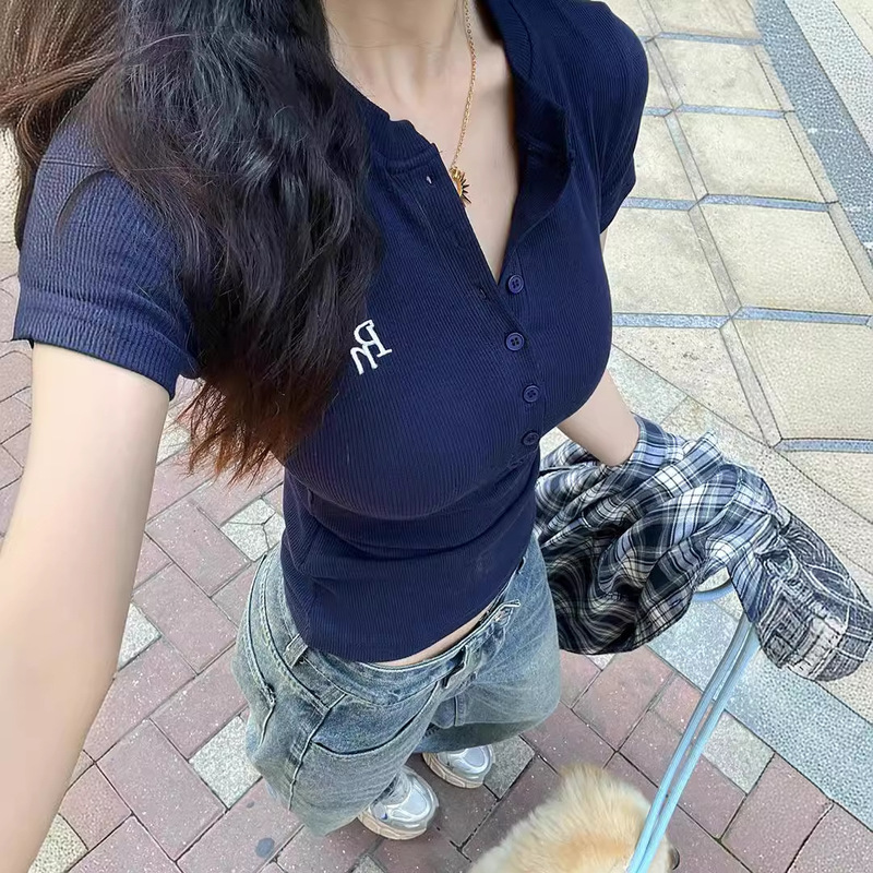 Cross-border in stock navy blue Short-sleeved T-shirt Women's Slimming High-end Sense Socialite Elegant Casual Tight Top