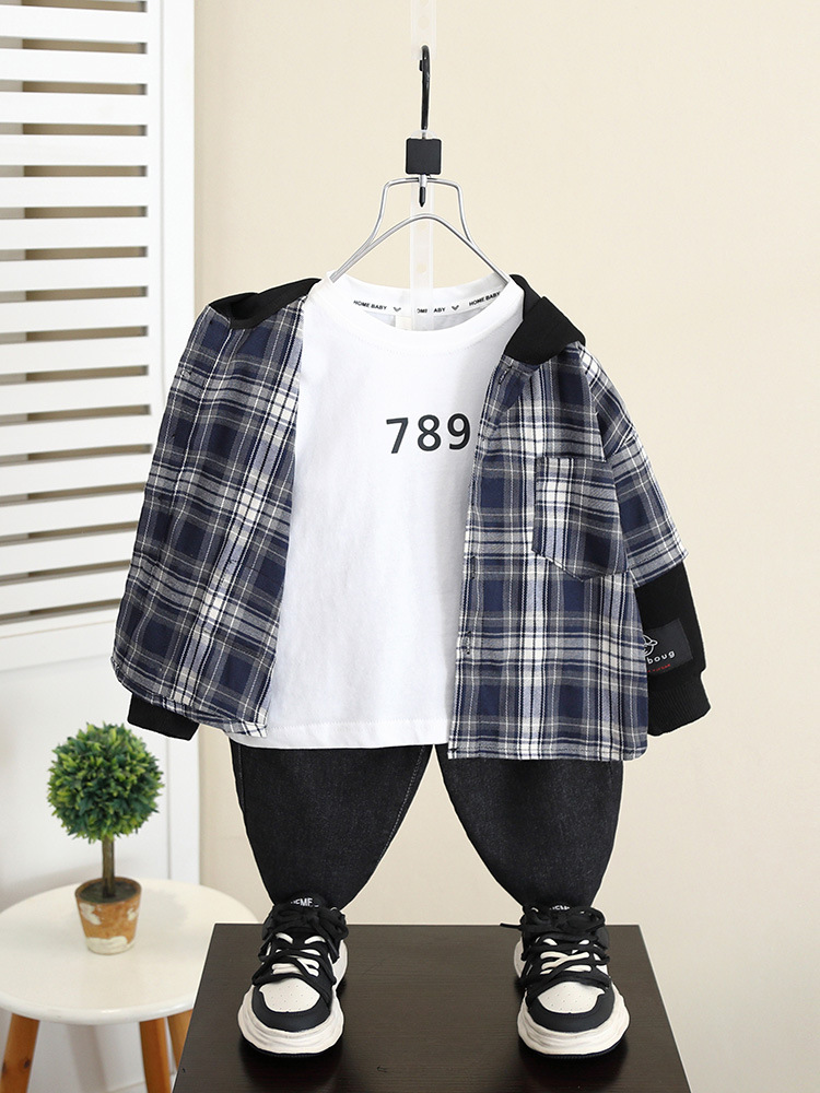 5989 Chaqueta de camisa con capucha de otoño para niños 2024 Nueva camisa a cuadros de manga larga de primavera y otoño para niños image 4