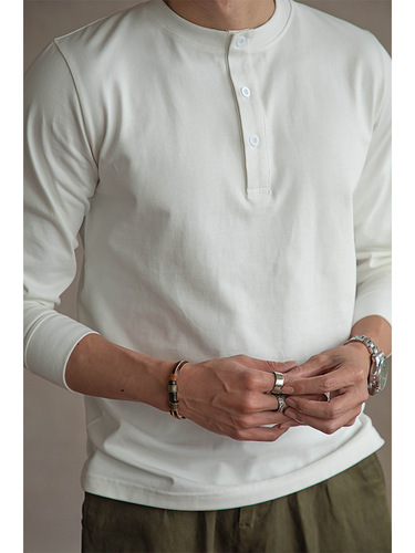 American Retro Heavyweight Henley Shirt Slim Cotton T-Shirt Men Long Sleeve Loose Base Shirt Khaki Tough Guy Men Autumn Summer