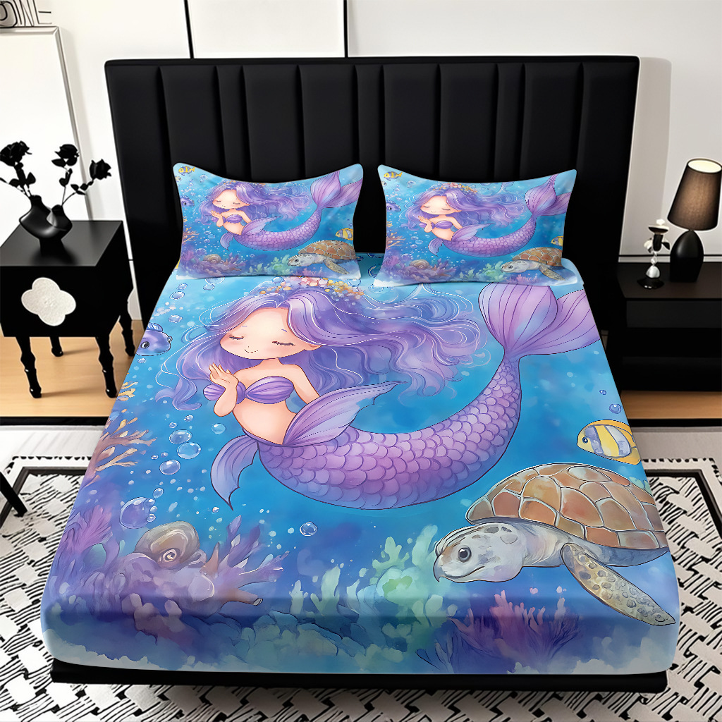 JIT modo Temu 3D impresión de caricatura sirena cama textil casera camisa ropa de cama tres piezas set transfronterizo mayorista