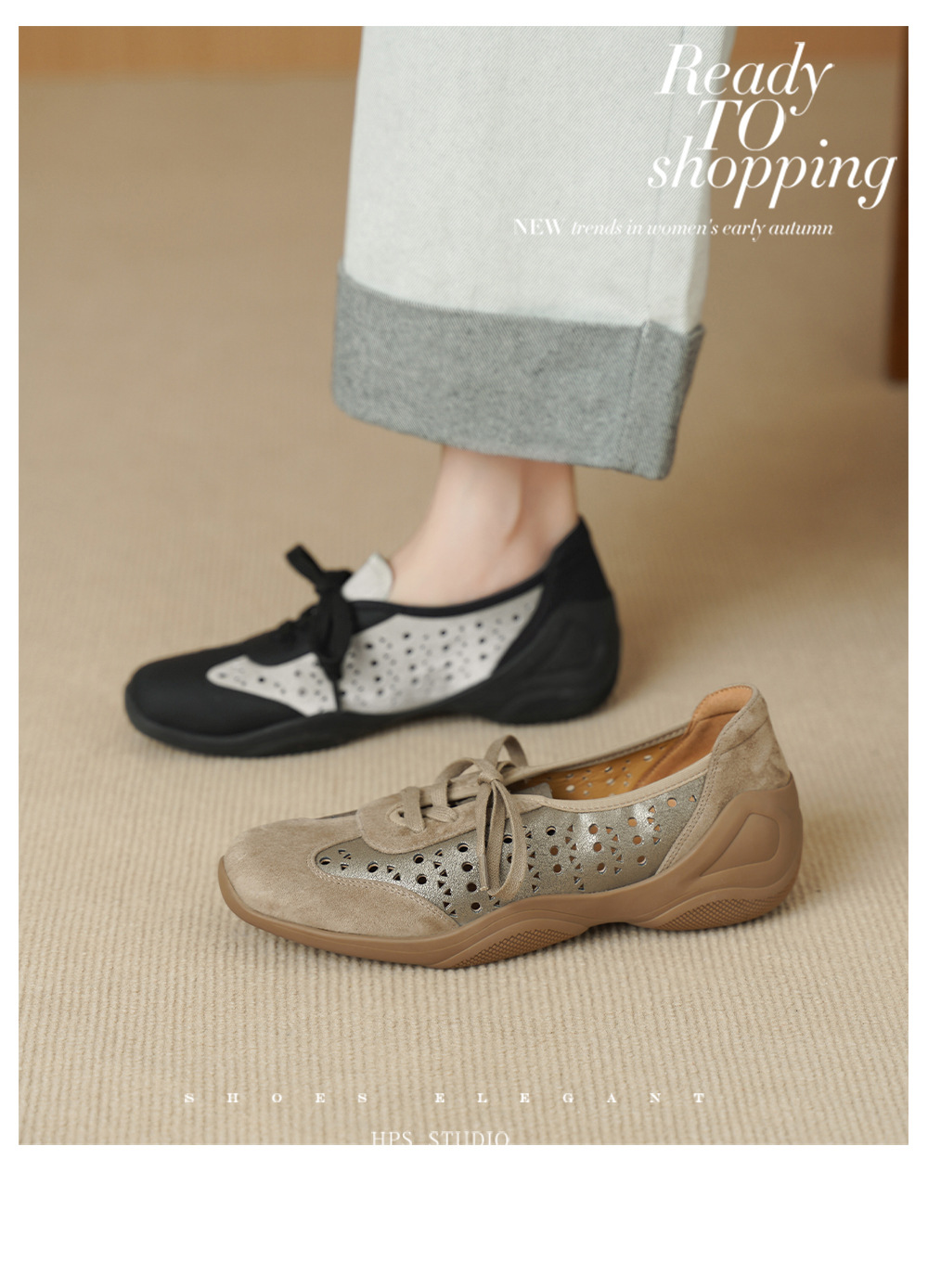 Giày sneaker nữ phối màu đục lỗ dây buộc mũi sâu đế mềm da mềm — đen chi tiết 2