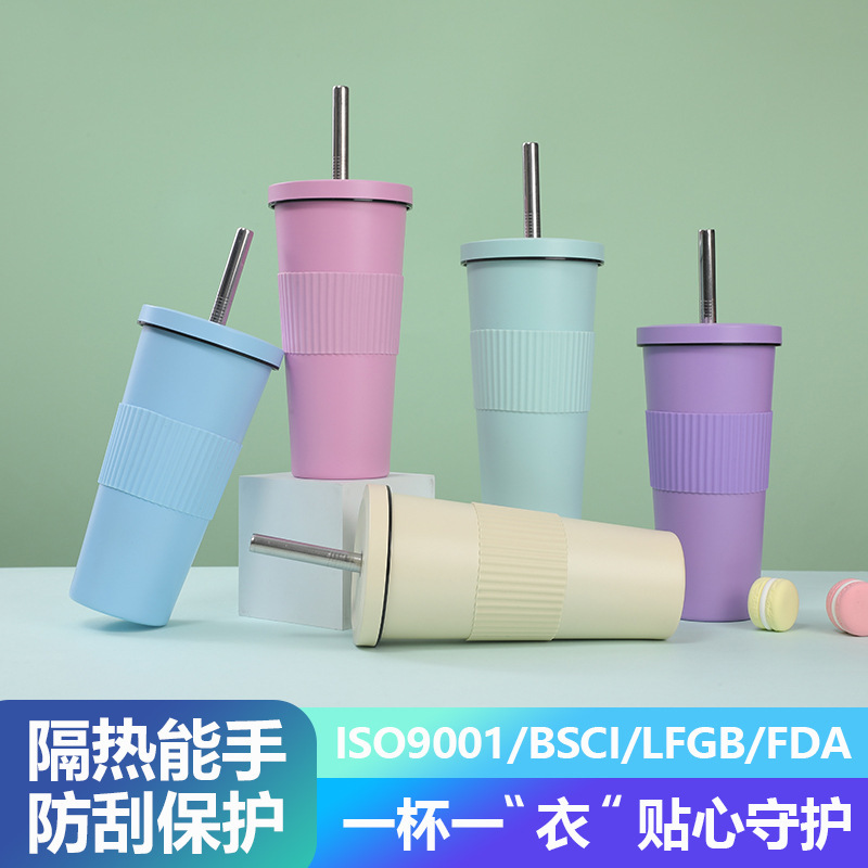 国境を越えた新しい高価値スチールカップ、シンプルなプラスチックスプレー付きステンレススチールストローカップ、ウエストカバー付き、大容量ミルクティーカップ|undefined
