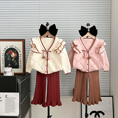 女童毛衣+喇叭褲秋冬新款女寶寶木耳邊開針織開衫+洋氣喇叭褲韓版