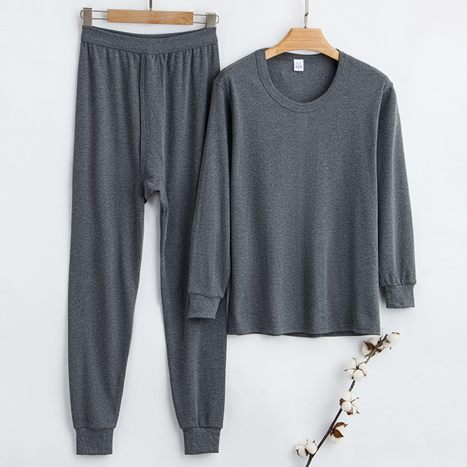 Men's round neck cotton thermal underwear and trousers for middle-aged and elderly women, slim fit, thin and stretchy, suitable for layering.