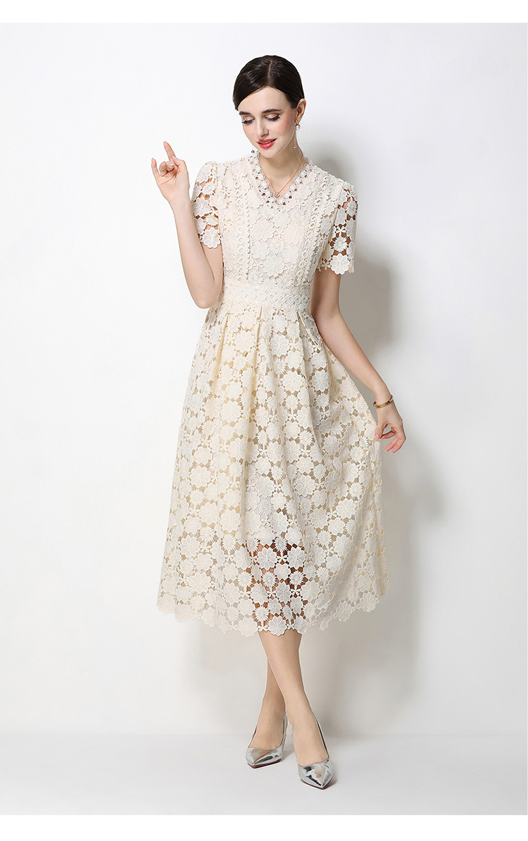Đầm maxi nữ cổ V ren thắt eo tay ngắn họa tiết rỗng — màu đen, Rượu vang đỏ, màu hồng đậm, màu trắng chi tiết 14
