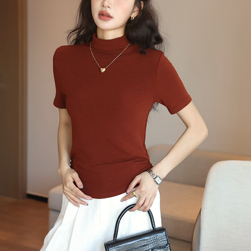 H338純粋な欲望風ハーフタートルネック半袖Tシャツ女性用夏スリムフィットインナー兼アウタートップスinsトレンド|undefined