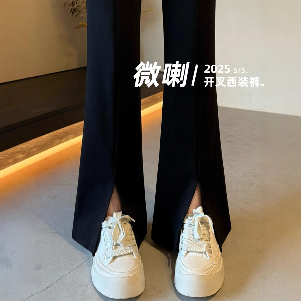 Black Slit Micro-Flared Pants for Women Spring and Autum 2025 New Style Small High-Waisted Slim-Fitting High-End Draped Suit Pants