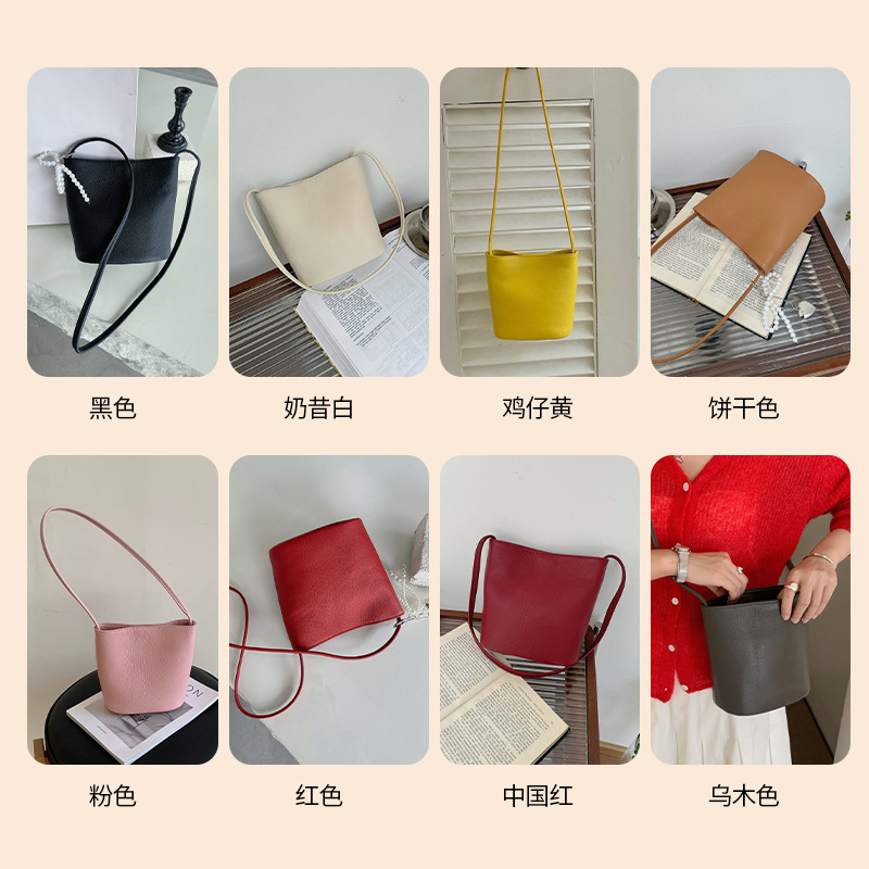 Cross-Border French Minimalist Small Bucket Bag Genuine Leather Women's Bag 2026 New Arrival Top Grain Cowhide Shoulder Underarm Crossbody Bag - Thumbnail 4