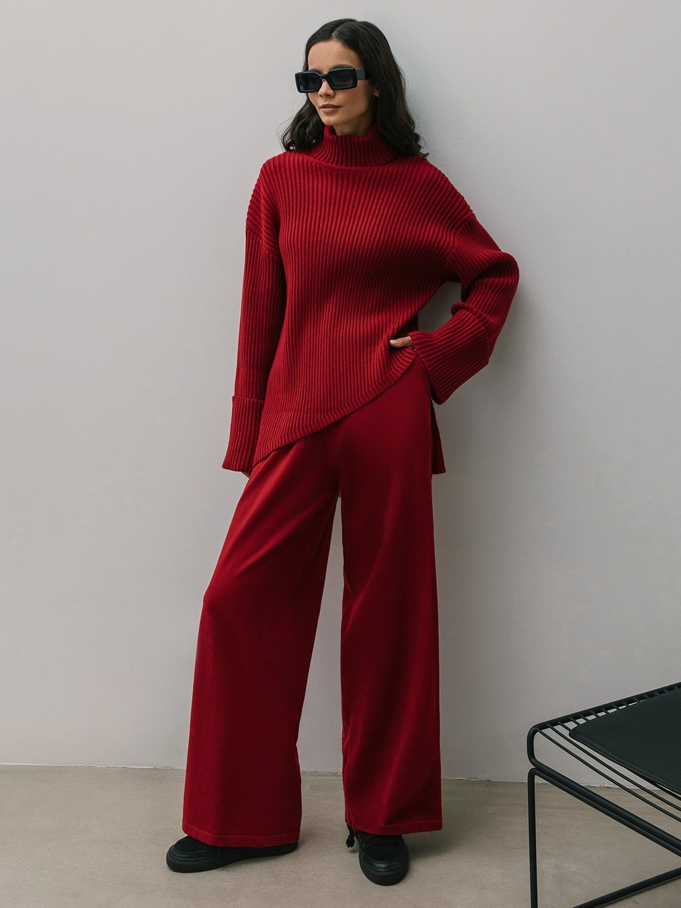 Knitted suit autumn and winter loose high collar pit striped hem sweater knitted pants sweater suit_voghion.com