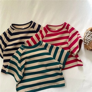 Children's Summer Wear Korean-style Wide Stripe Short-sleeved T-shirt Boys and Girls Styish All-match Top Children's Base Shirt